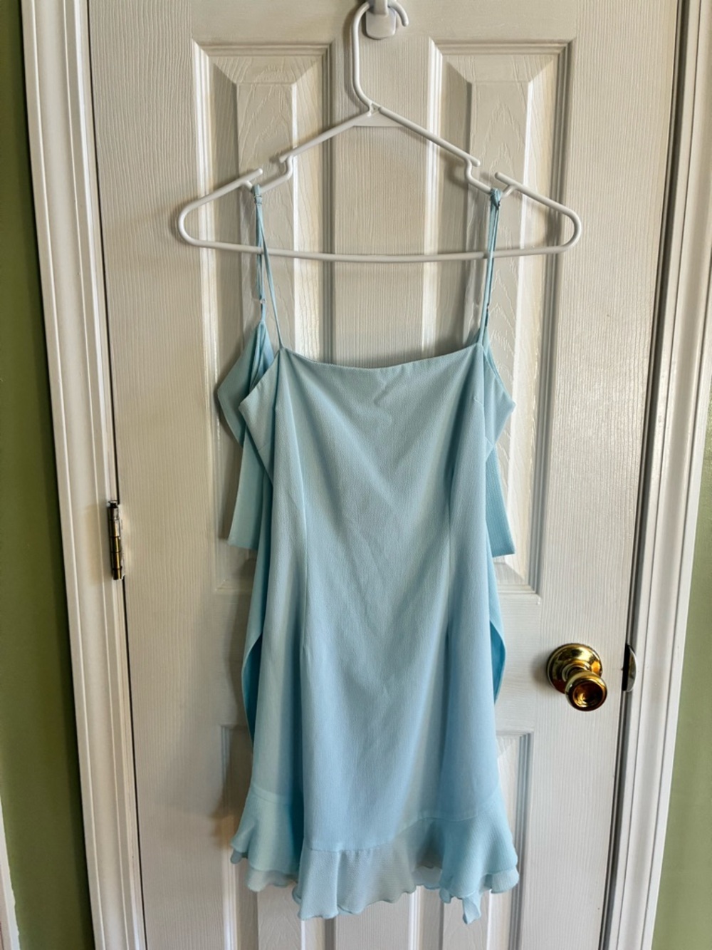 Lucy in the Sky Light Blue Ruffle-Hem Spaghetti Strap Mini Dress